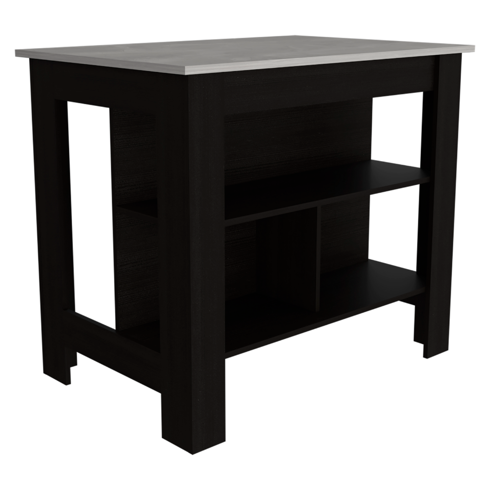 Kitchen Island Dozza, Three Shelves, Black Wengue / Ibiza Marble Finish