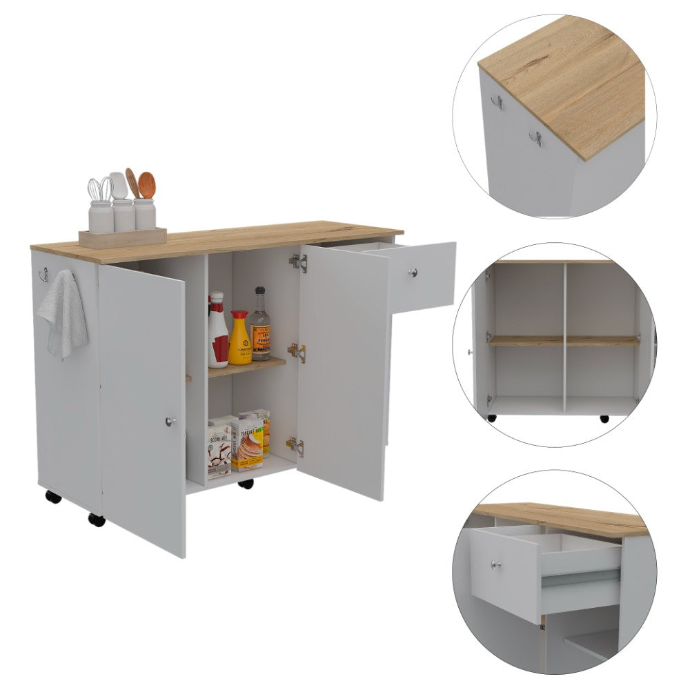 Kitchen Island Cart Indiana, Four Interior Shelves, White / Light Oak Finish