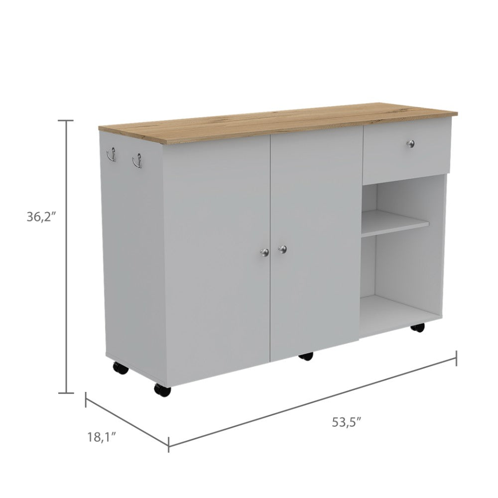 Kitchen Island Cart Indiana, Four Interior Shelves, White / Light Oak Finish