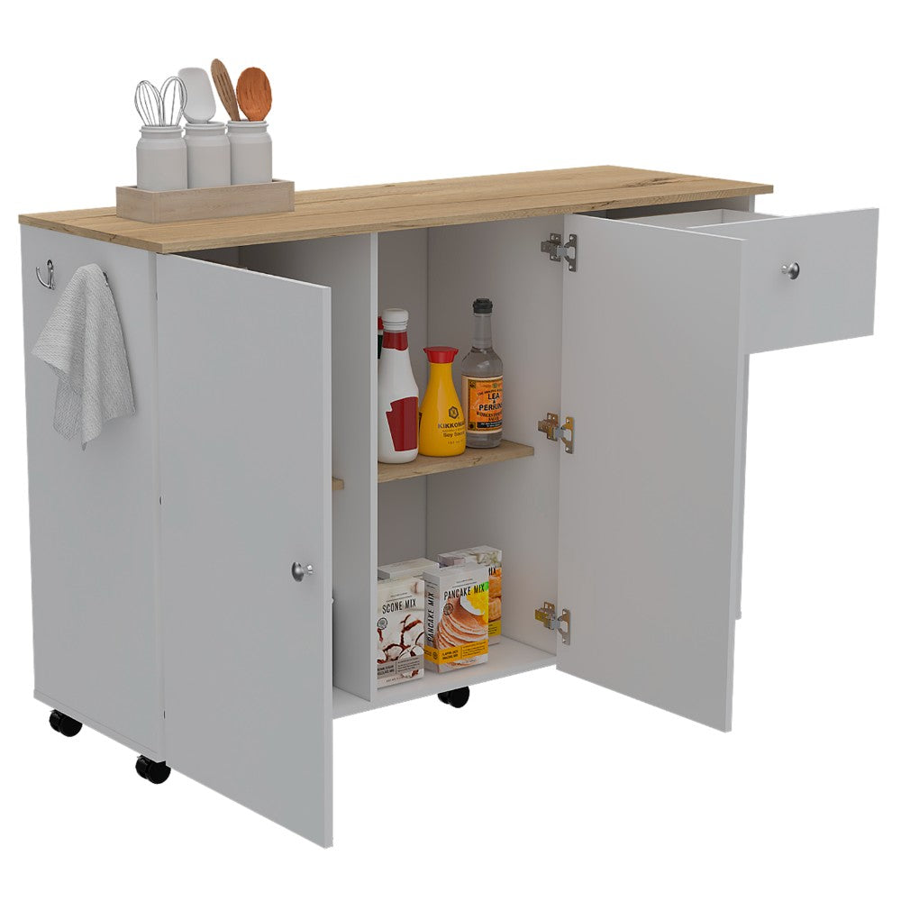 Kitchen Island Cart Indiana, Four Interior Shelves, White / Light Oak Finish