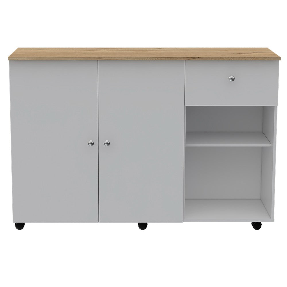 Kitchen Island Cart Indiana, Four Interior Shelves, White / Light Oak Finish
