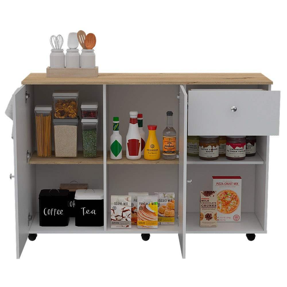 Kitchen Island Cart Indiana, Four Interior Shelves, White / Light Oak Finish