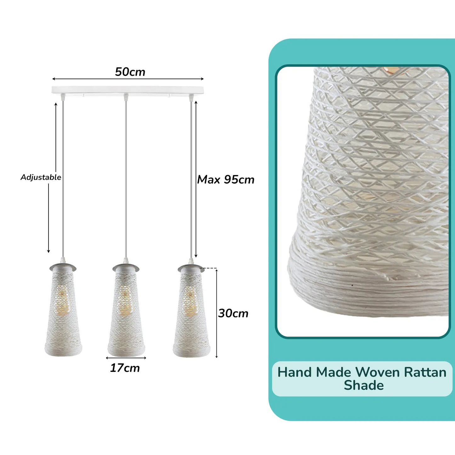 3 Head Rectangle Base Handmade White Woven Twine Shade Ceiling Pendant Light~4186