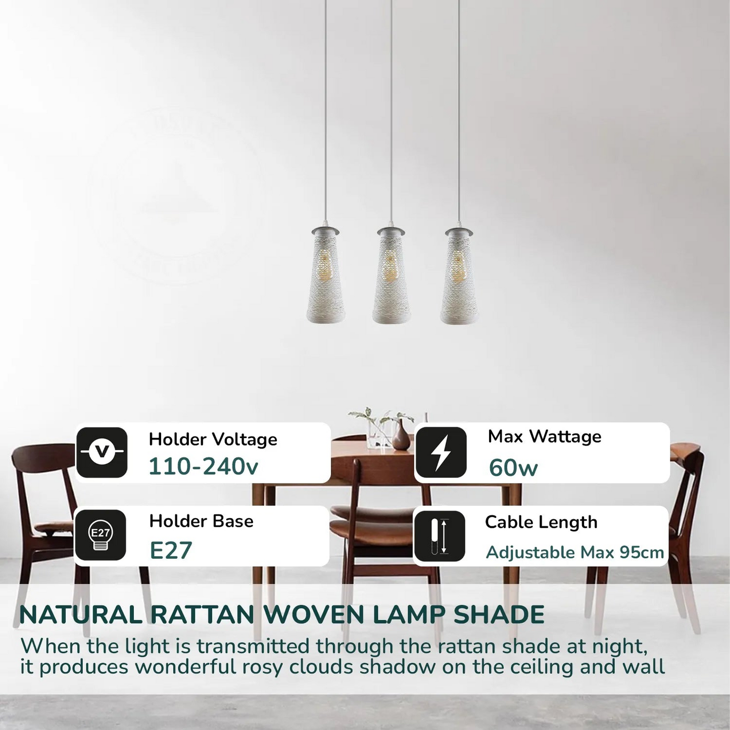 3 Head Rectangle Base Handmade White Woven Twine Shade Ceiling Pendant Light~4186