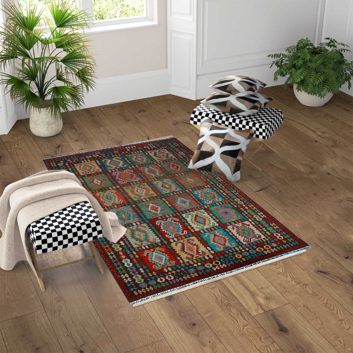 Handmade Multicolor Chobi Kilim Rug - Authentic Woolen Kilim Rug