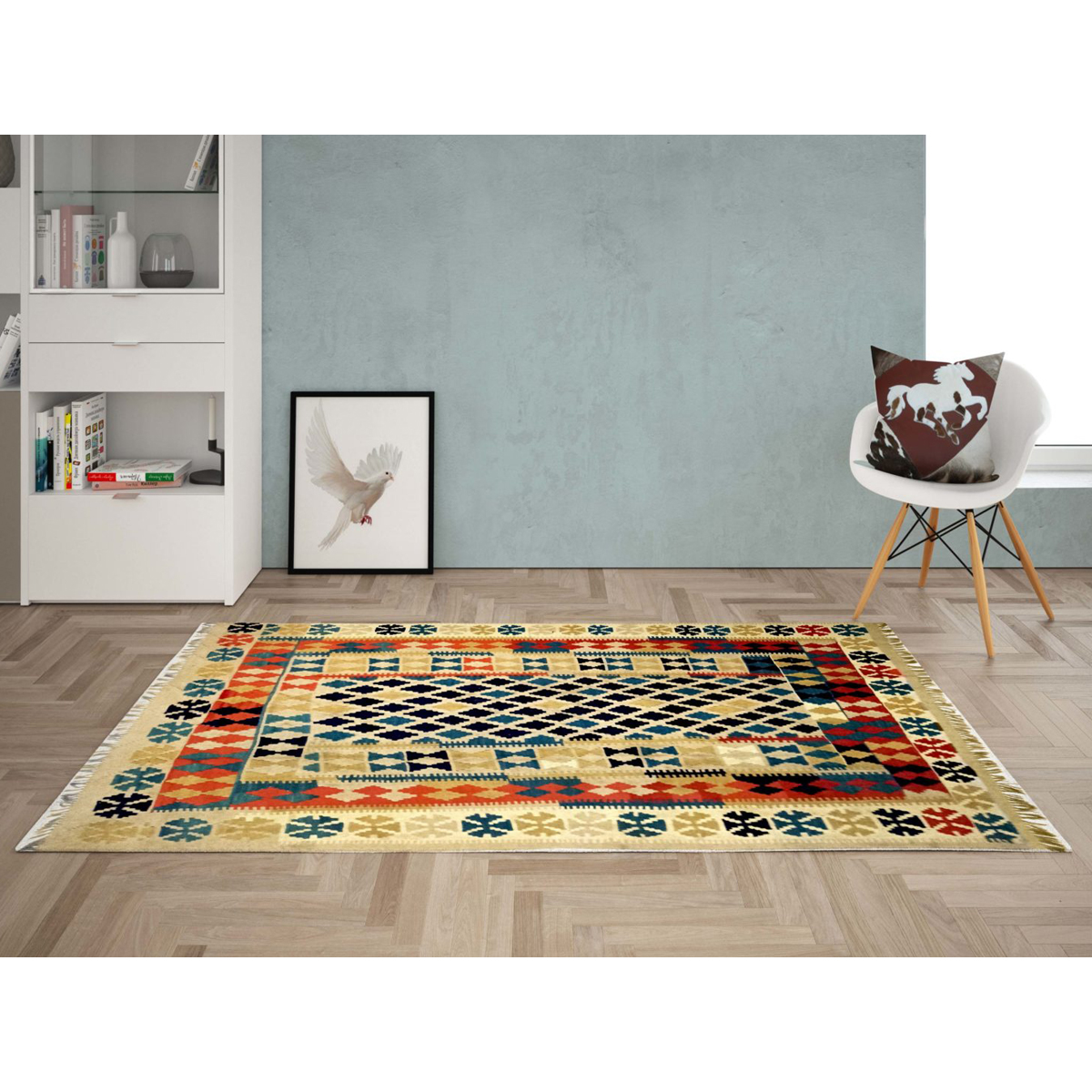 Handmade Dairy Cream Kilim Rug - Colorful and Attractive Woolen Multicolor Rug for Sale