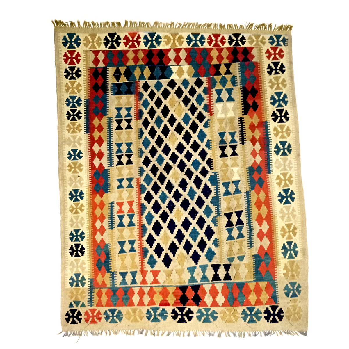 Handmade Dairy Cream Kilim Rug - Colorful and Attractive Woolen Multicolor Rug for Sale