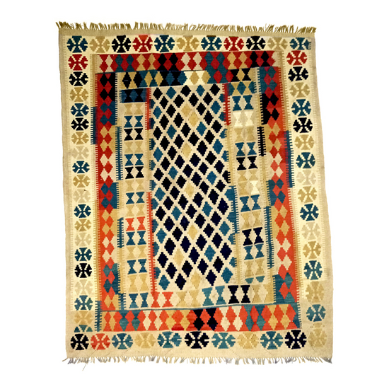 Handmade Dairy Cream Kilim Rug - Colorful and Attractive Woolen Multicolor Rug for Sale