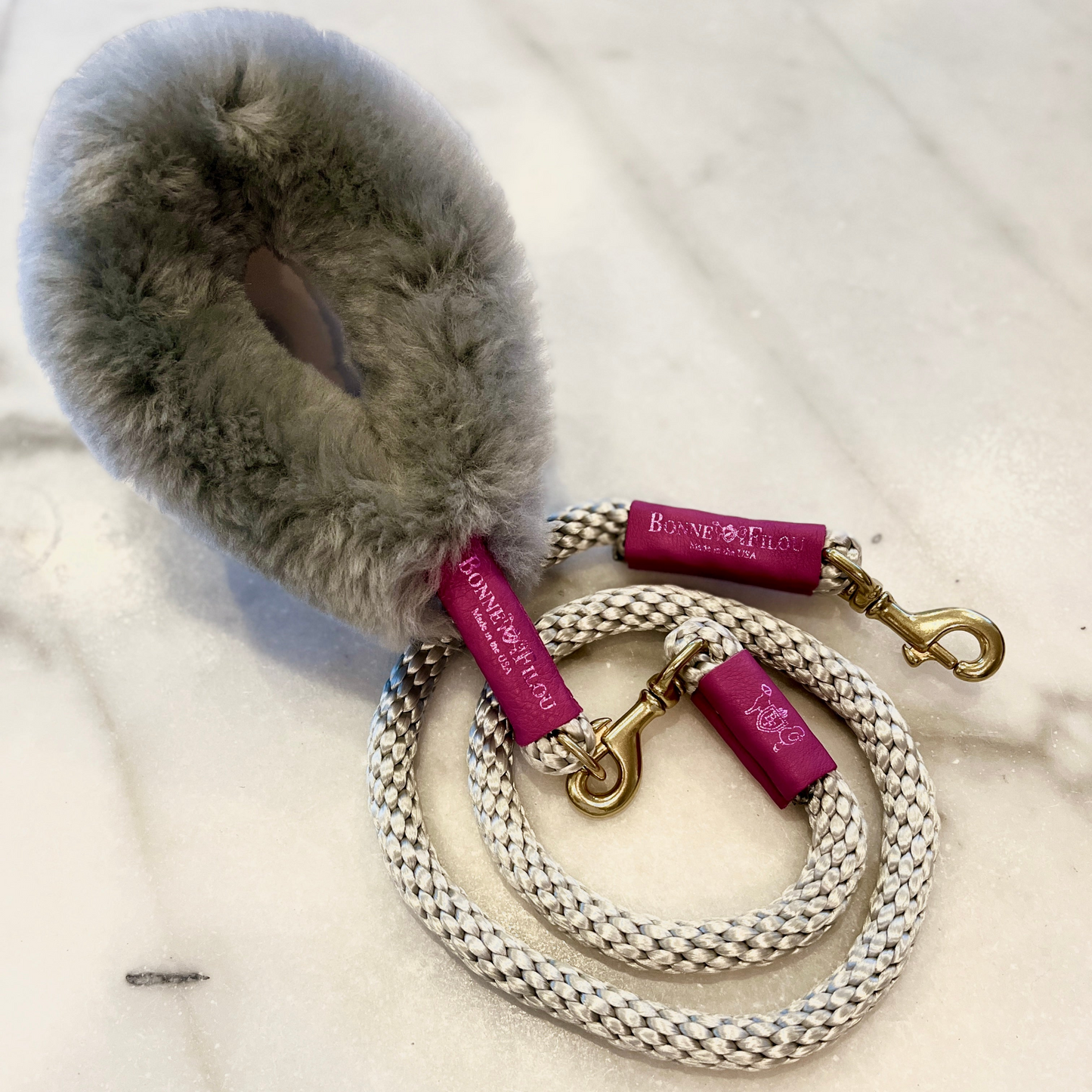 Bundle Shearling Fur Grip + Rope Leash for Dogs - Chic and Functional Dog Walking Accessory