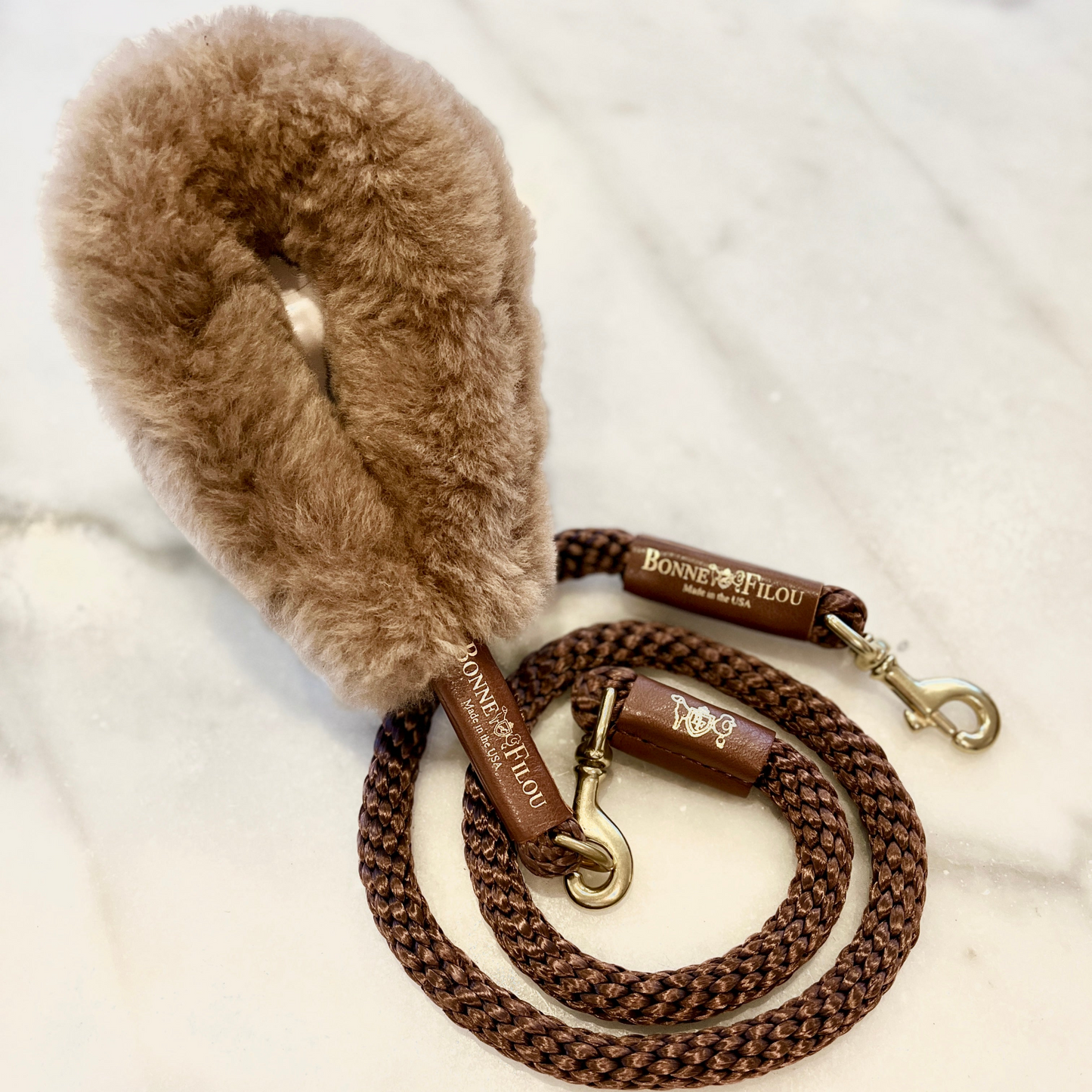 Bundle Shearling Fur Grip + Rope Leash for Dogs - Chic and Functional Dog Walking Accessory