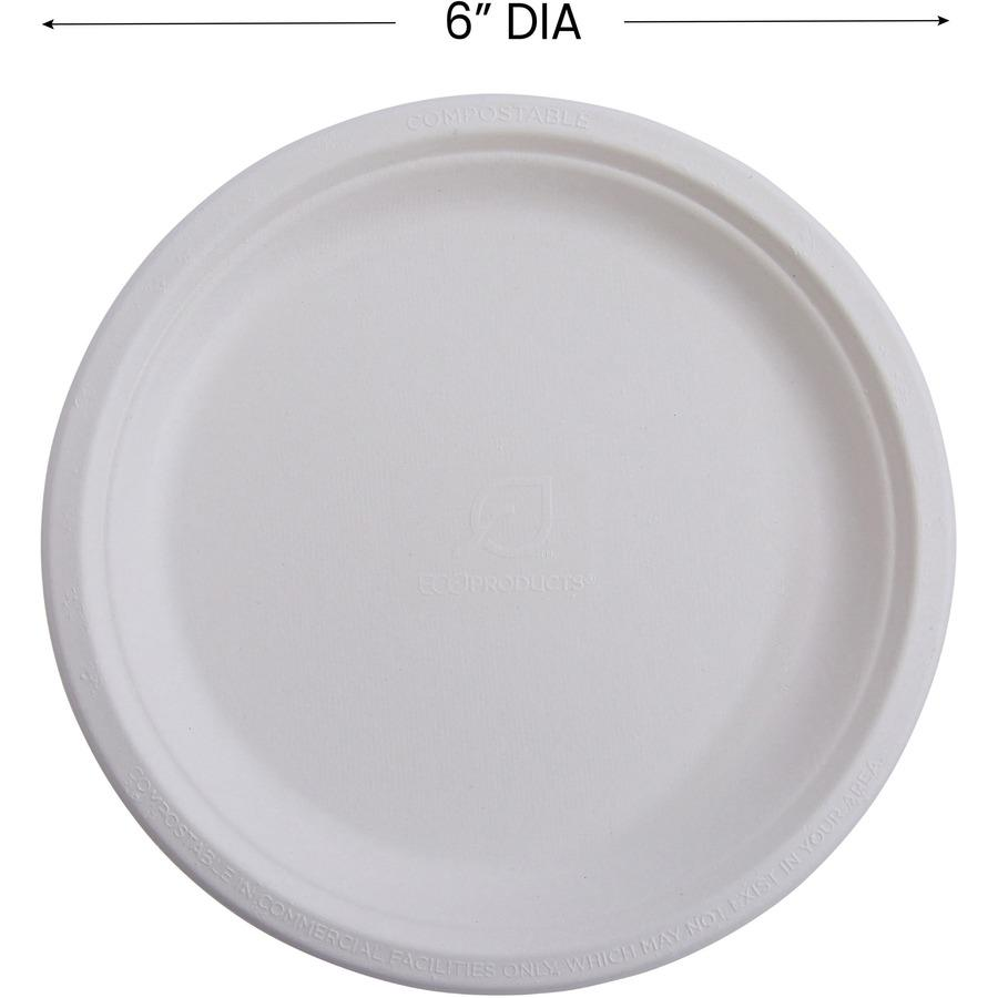 Eco-Products Vanguard 6" Sugarcane Plates - Breakroom - Disposable - Microwave Safe - 6" Diameter - White - Sugarcane Fiber Body - 1000 / Carton