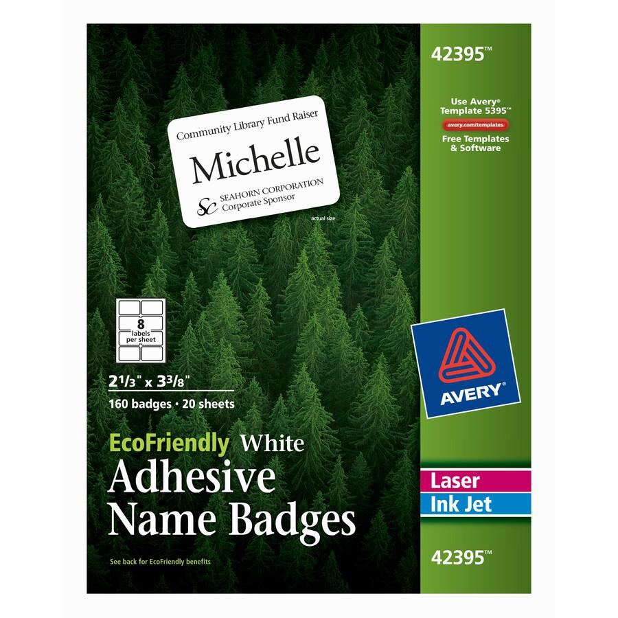 Avery® Eco-friendly Premium Name Badge Labels - 2 21/64" Width x 3 3/8" Length - Removable Adhesive - Rectangle - Laser, Inkjet - White - Paper - 8 / Sheet - 20 Total Sheets - 160 Total Labels