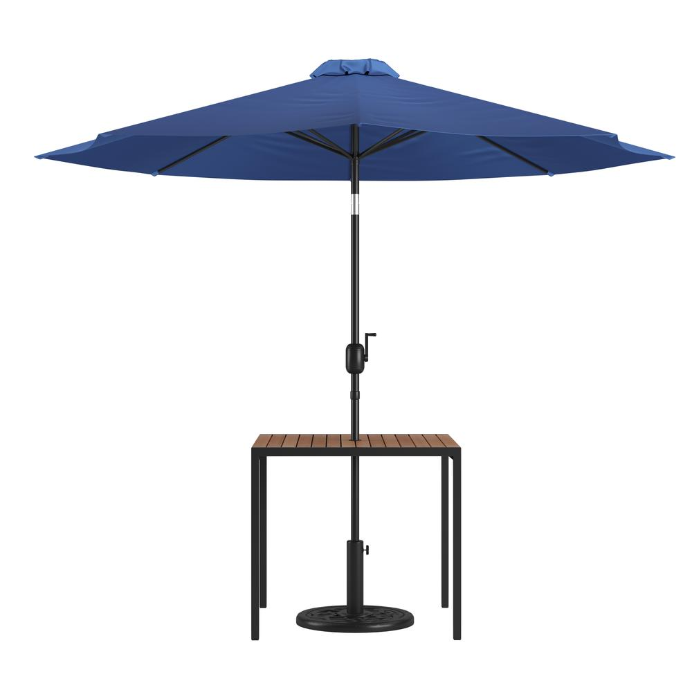 3 Piece Outdoor Patio Table Set - Synthetic Teak Patio Table with Navy Umbrella and Base