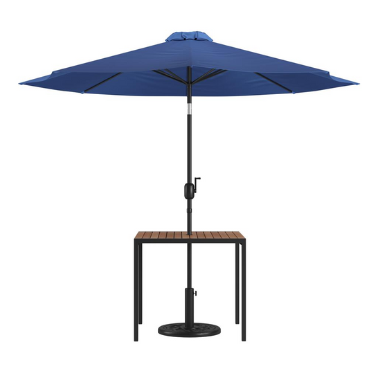 3 Piece Outdoor Patio Table Set - Synthetic Teak Patio Table with Navy Umbrella and Base