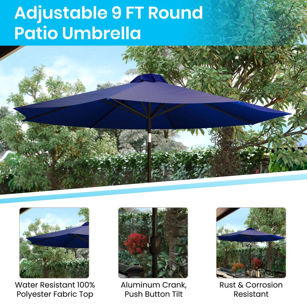 3 Piece Outdoor Patio Table Set - Synthetic Teak Patio Table with Navy Umbrella and Base