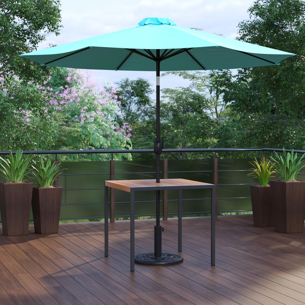 3 Piece Outdoor Patio Table Set - Synthetic Teak Patio Table with Teal Umbrella and Base
