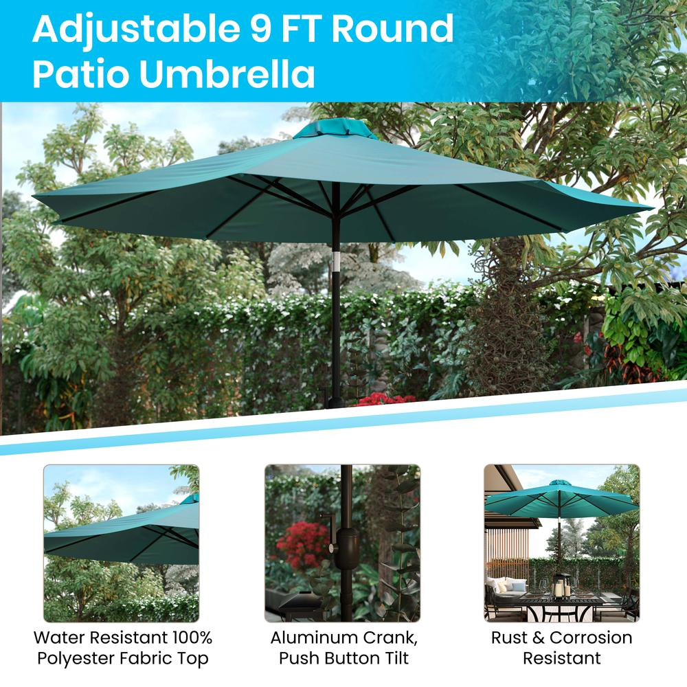3 Piece Outdoor Patio Table Set - Synthetic Teak Patio Table with Teal Umbrella and Base