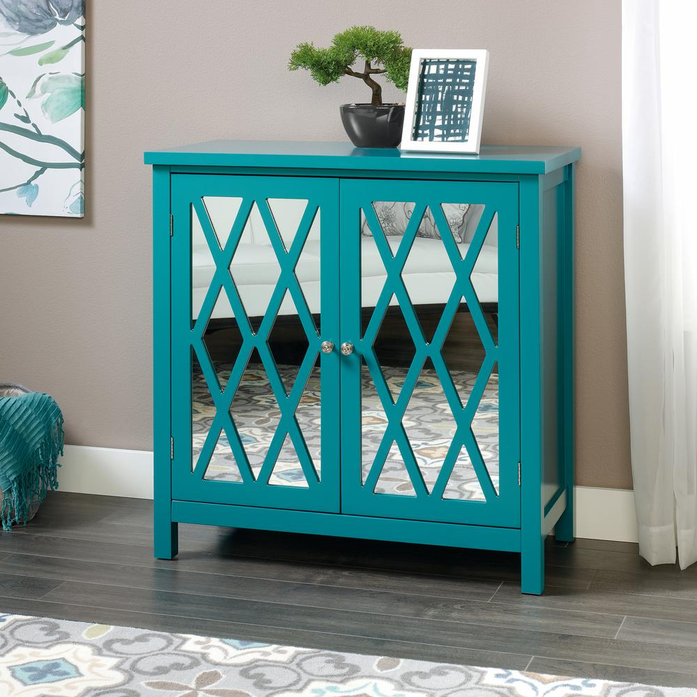 Harbor View Accent Storage Cabinet - Geometric Mirrored Design, Adjustable Shelf, Caribbean Blue