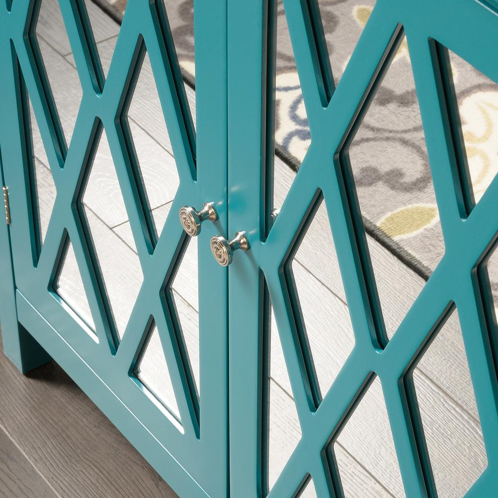 Harbor View Accent Storage Cabinet - Geometric Mirrored Design, Adjustable Shelf, Caribbean Blue