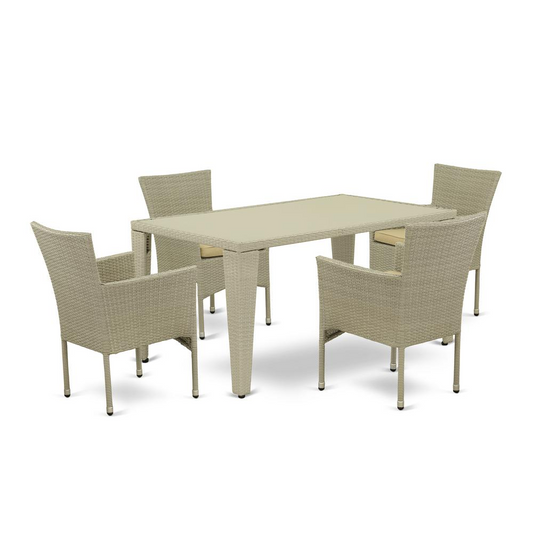 Wicker Patio Set Natural Linen - Outdoor Furniture Set with Acacia Wood Table and 4 Armchairs