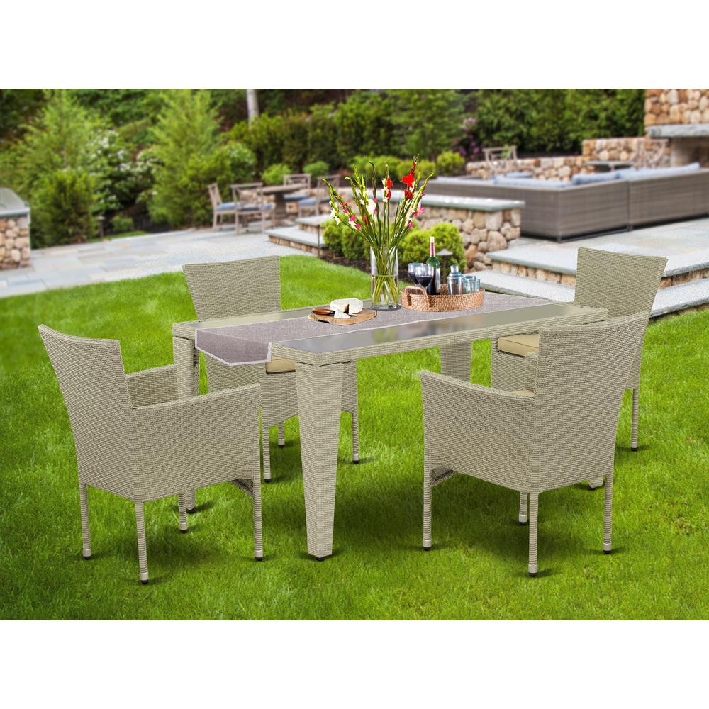 Wicker Patio Set Natural Linen - Outdoor Furniture Set with Acacia Wood Table and 4 Armchairs