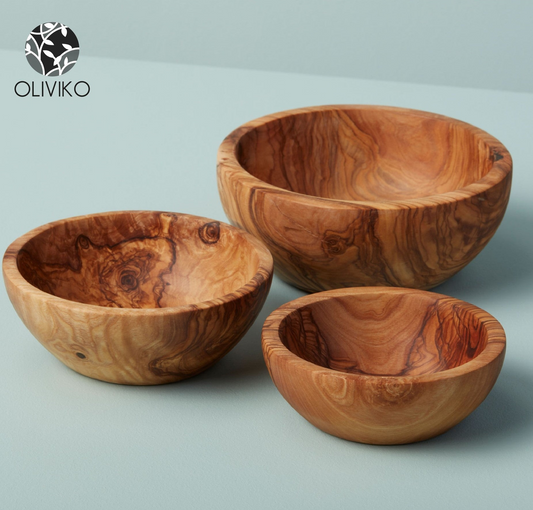 OLIVIKO 100% Handmade Olive Wood Kit - Set of 3 Bowls: Salad Bowl, Snack Bowl - Sizes 12cm, 14cm, and 16cm