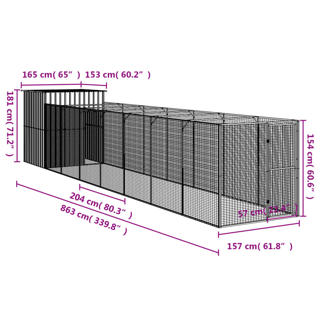 vidaXL Dog House with Run Anthracite 65"x339.8"x71.3" Galvanized Steel