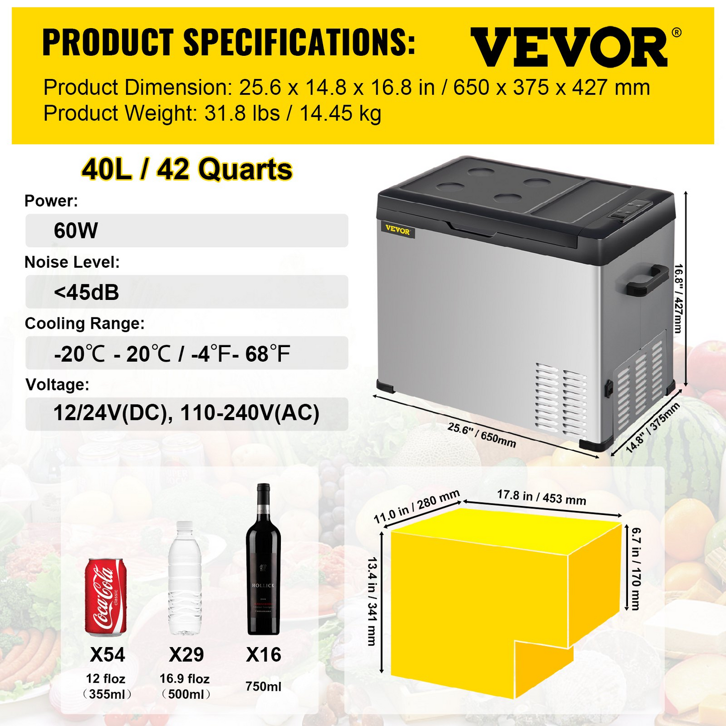 VEVOR 12 Volt Refrigerator - Portable Car Compressor Fridge Cooler (42 Quart)