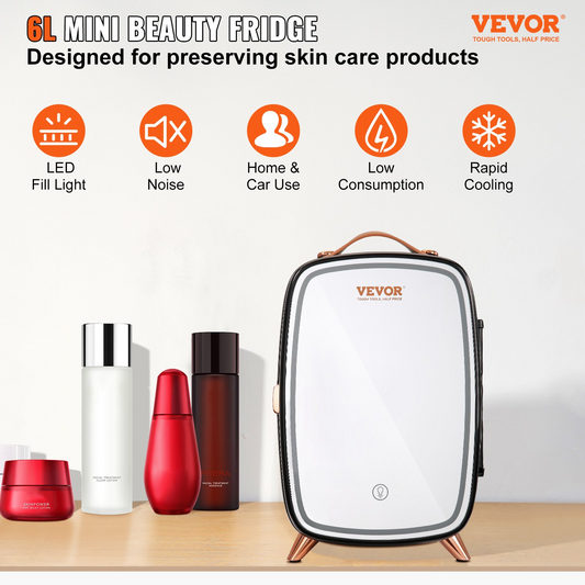 Vevor Mini Fridge, 6L Skincare Fridge with LED Light and HD Mirror, Black