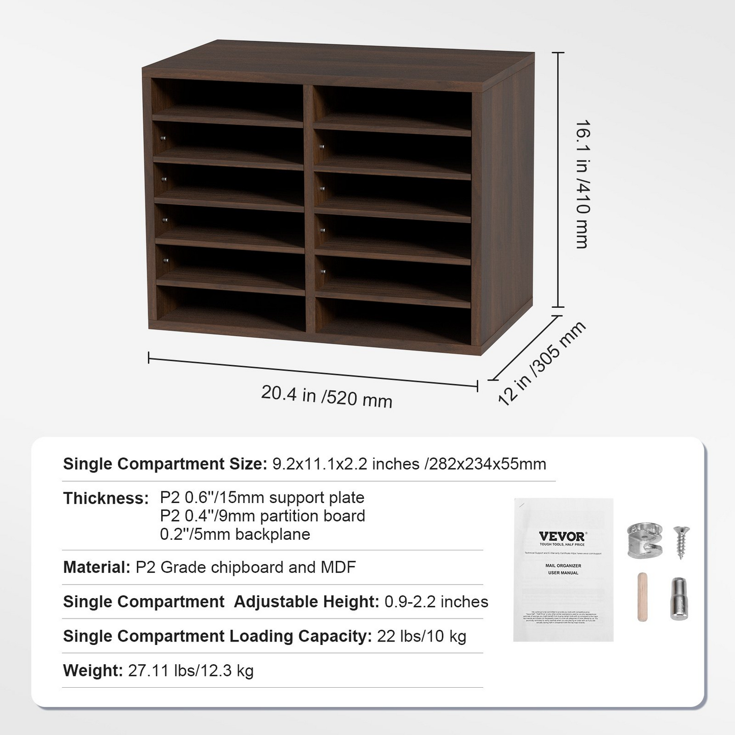 VEVOR Literature Organizers, 12 Compartments Office Mailbox with Adjustable Shelves