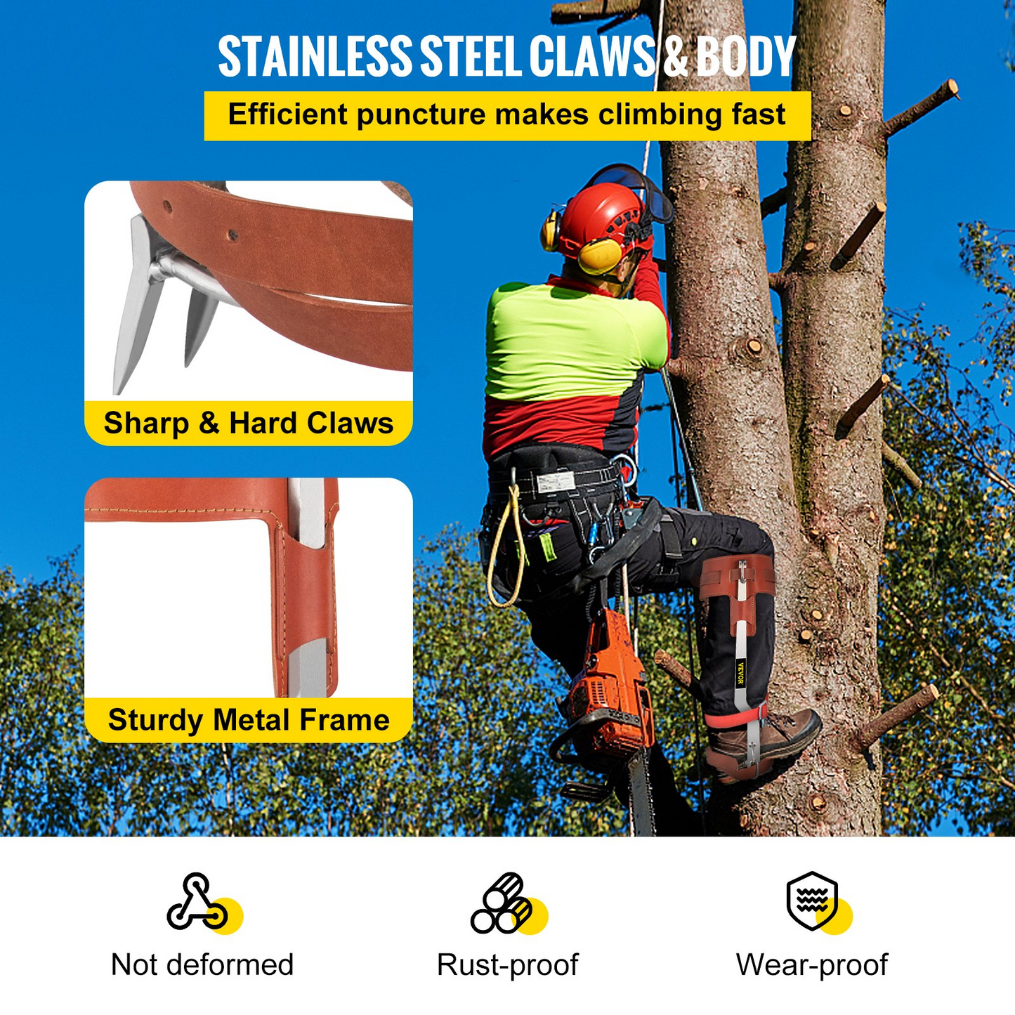 VEVOR Tree Climbing Spikes | Stainless Steel Pole Climbing Spurs with Adjustable Straps and Cow Leather Padding