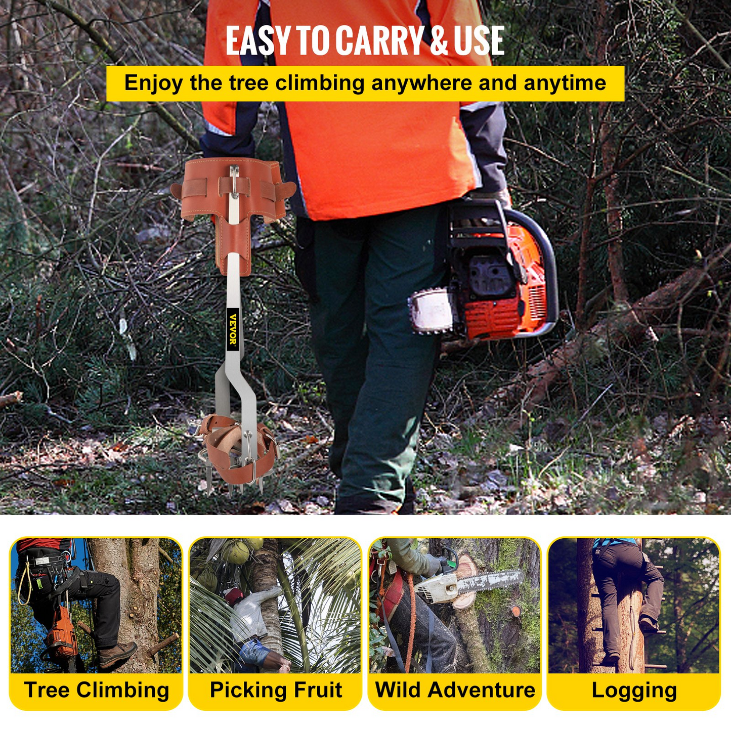 VEVOR Tree Climbing Spikes | Stainless Steel Pole Climbing Spurs with Adjustable Straps and Cow Leather Padding