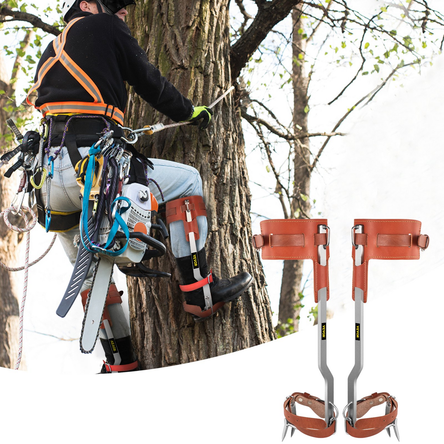 VEVOR Tree Climbing Spikes | Stainless Steel Pole Climbing Spurs with Adjustable Straps and Cow Leather Padding