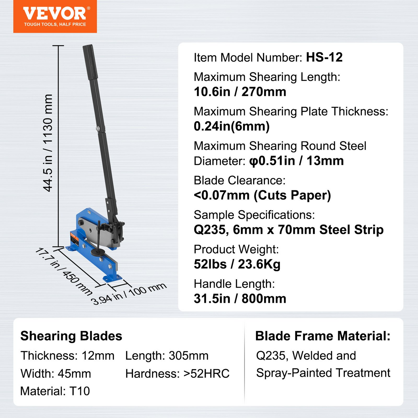 VEVOR 12" Manual Hand Plate Shear for Metal Sheet Processing | HS-12 Benchtop Cutter