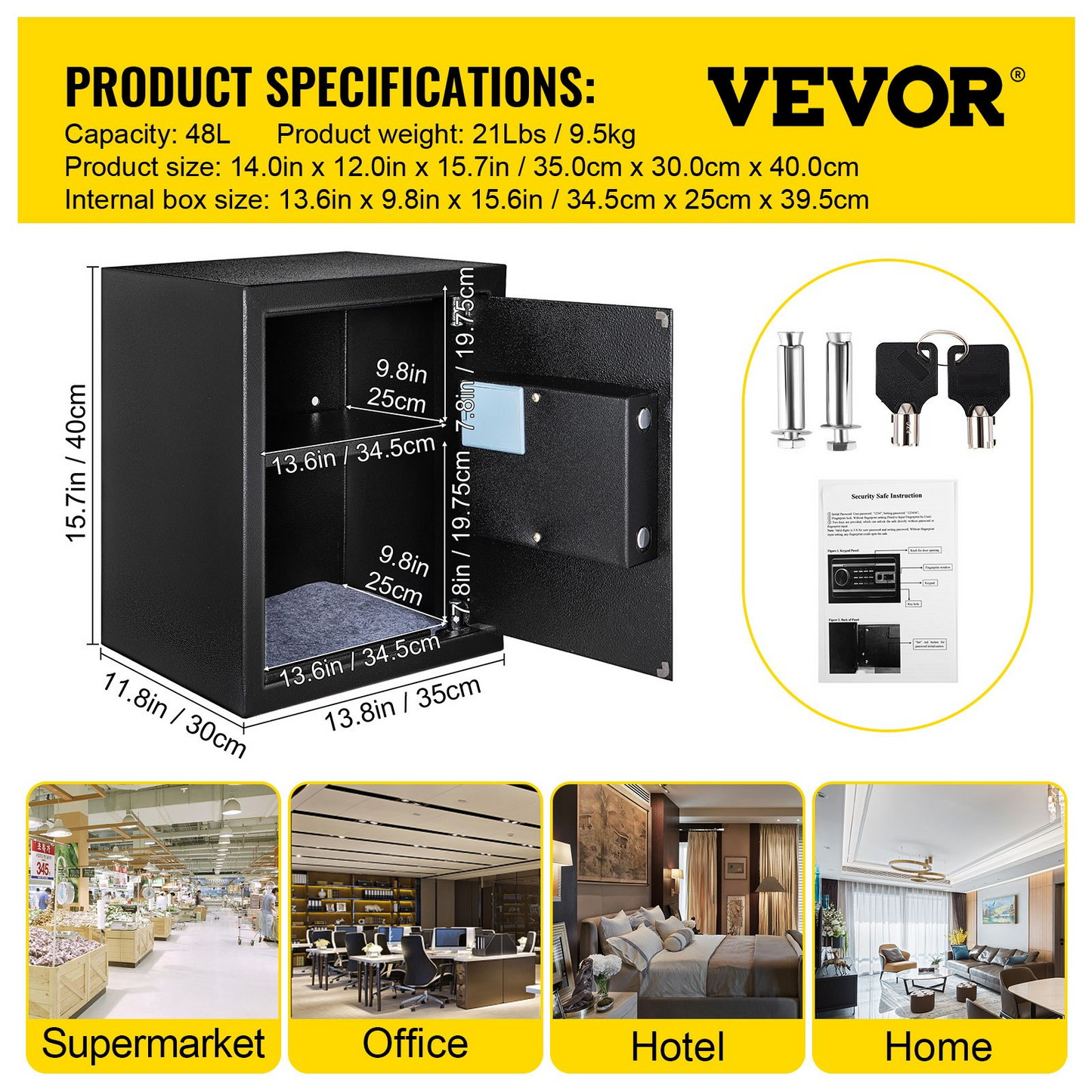 VEVOR Safe Box, 1.7 CU.FT Fingerprint Safe Box for Money with 2 Keys & Digital Keypad