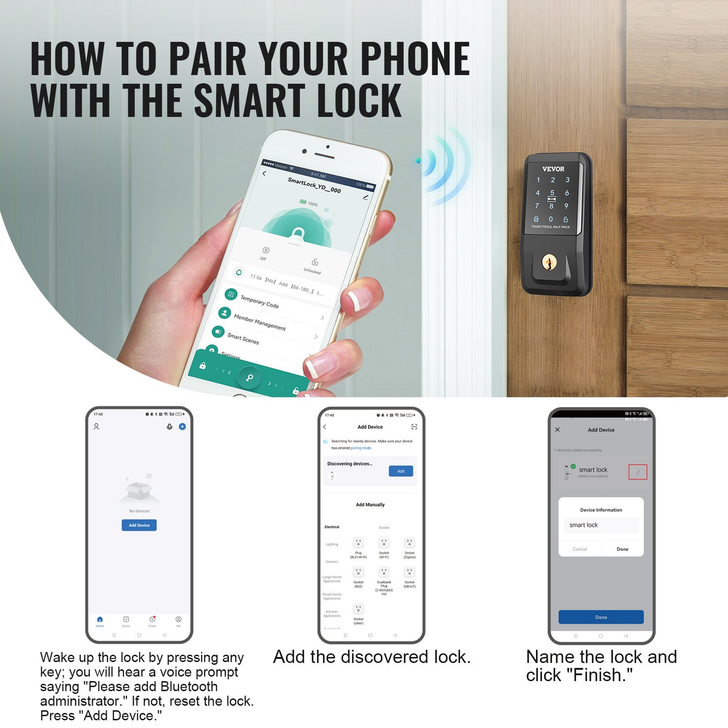VEVOR Smart Lock, Keyless Entry Door Lock with Bluetooth App Control, IC Card, Electronic Keypad, Spare Keys, Smart Door Knob Keypad Deadbolt for Home, Apartment, Office, Hotel, Black