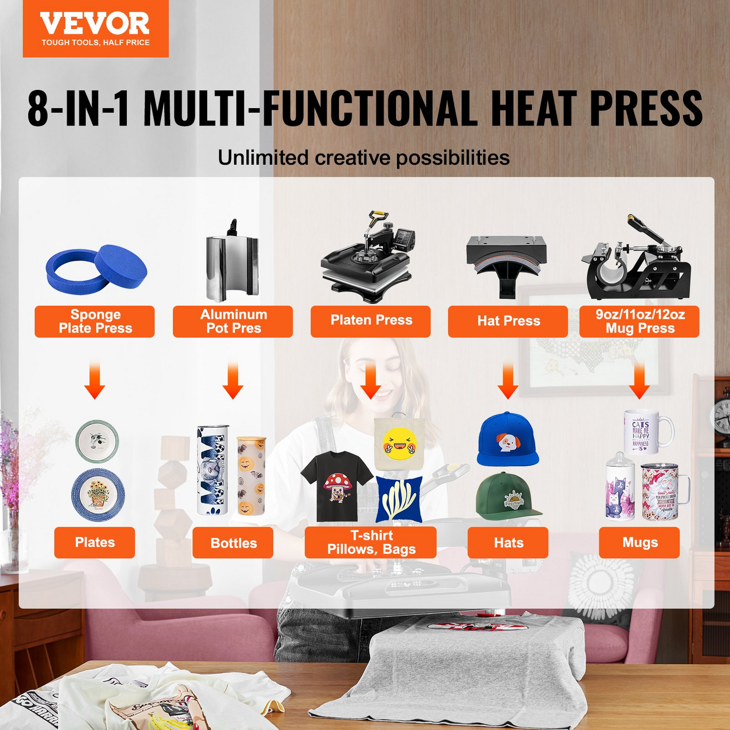 VEVOR Heat Press Machine, 15x15in 8in1 Heat Press, 800W Sublimation Machine, 360° Rotation Swing-Away Heat Press, Dual-Tube Heating Printing for DIY T-Shirts Cap Mugs (Black)