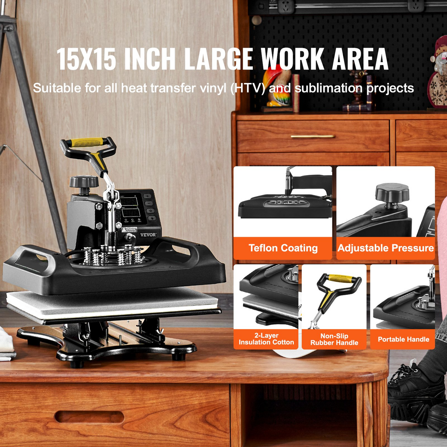 VEVOR Heat Press Machine, 15x15in 8in1 Heat Press, 800W Sublimation Machine, 360° Rotation Swing-Away Heat Press, Dual-Tube Heating Printing for DIY T-Shirts Cap Mugs (Black)