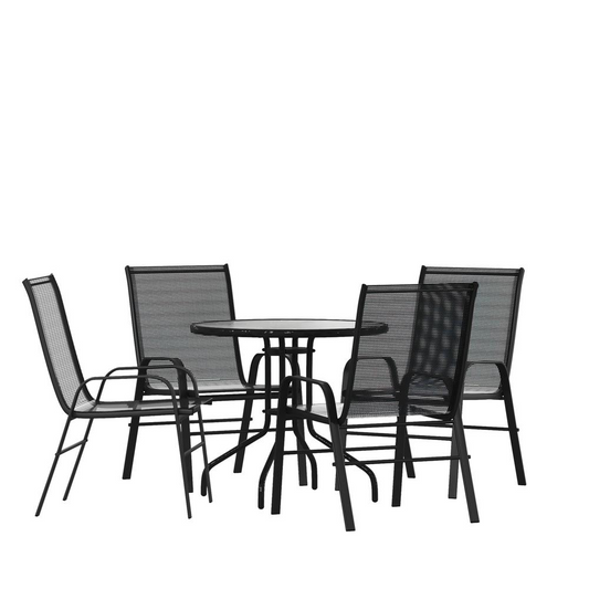 5 Piece Outdoor Patio Dining Set - Tempered Glass Table, Stackable Chairs