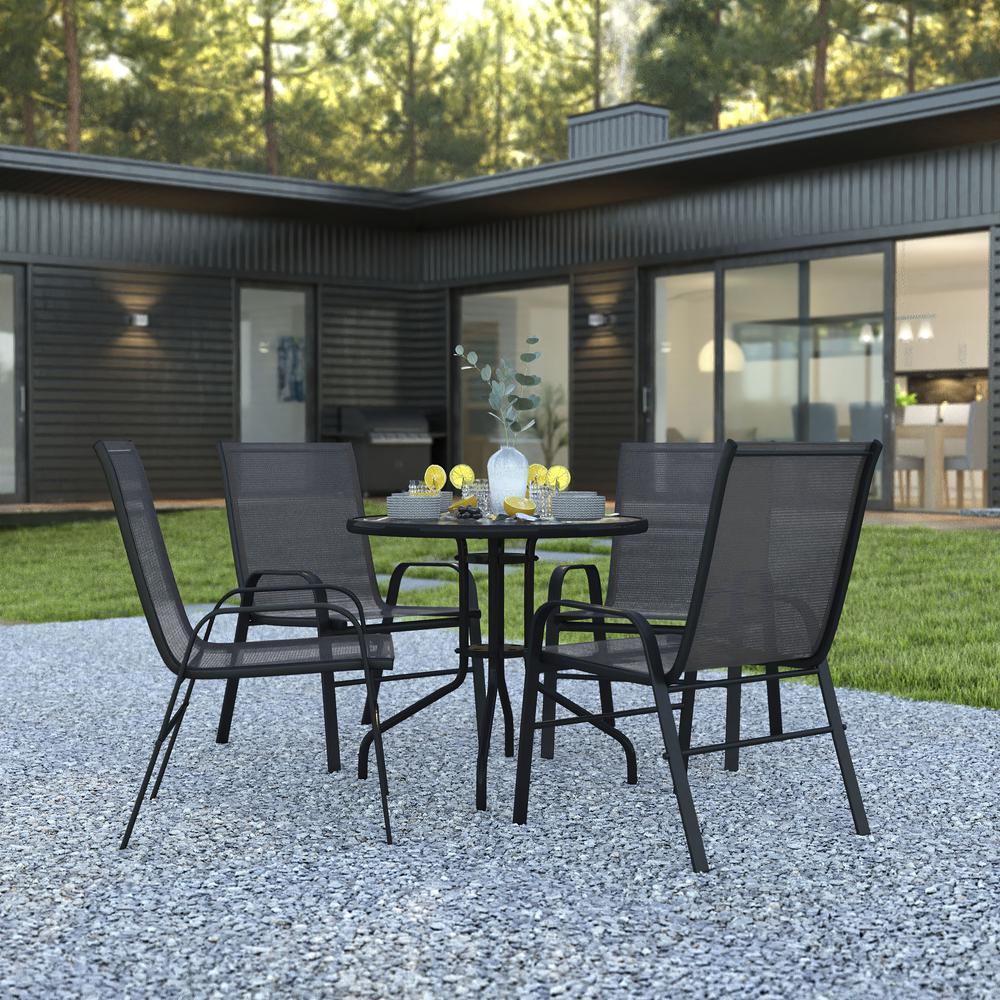 5 Piece Outdoor Patio Dining Set - Tempered Glass Table, Stackable Chairs