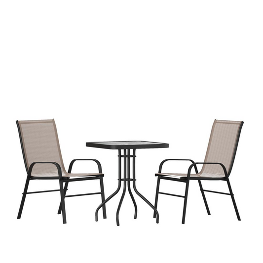 3 Piece Outdoor Patio Dining Set - Square Tempered Glass Patio Table, 2 Brown Stack Chairs