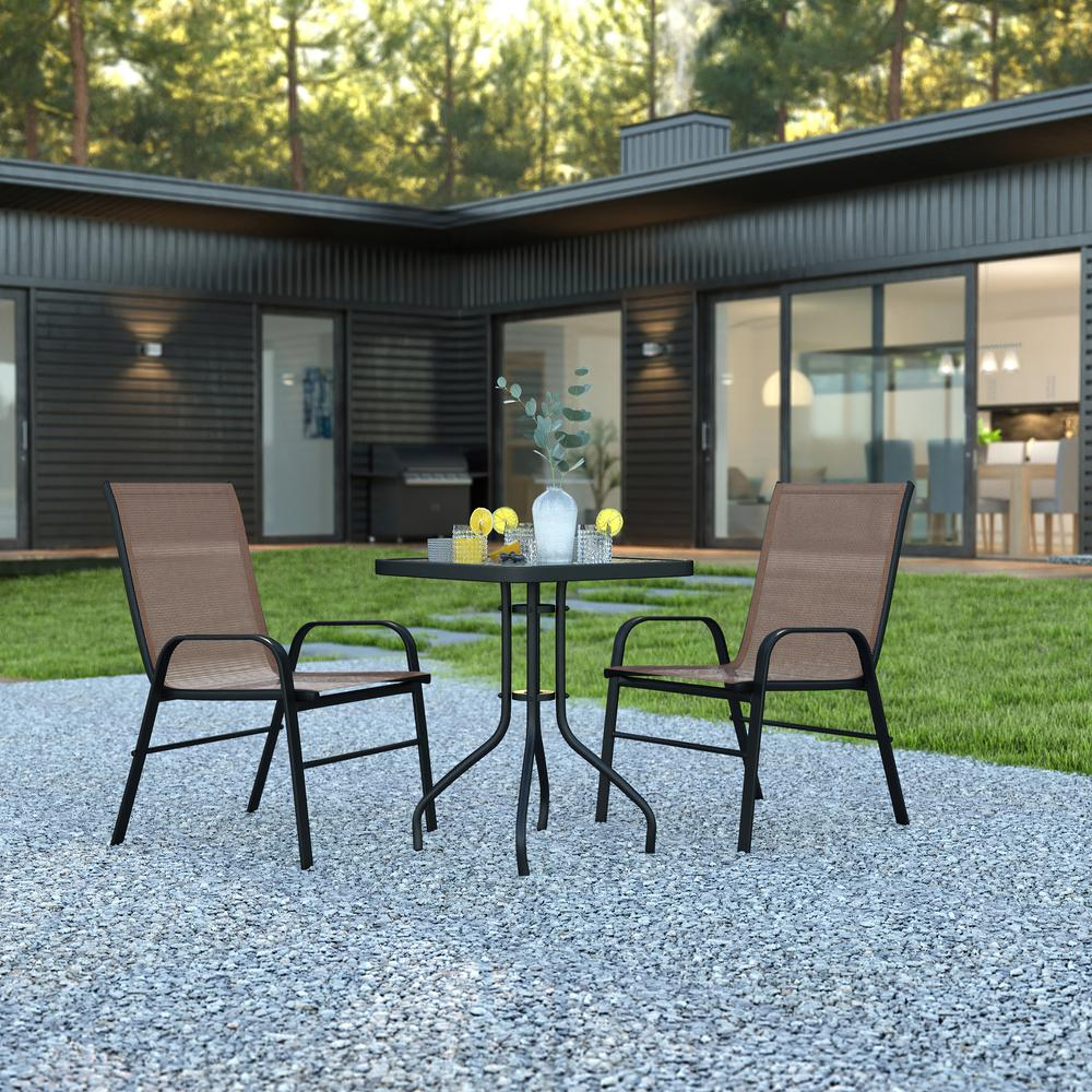 3 Piece Outdoor Patio Dining Set - Square Tempered Glass Patio Table, 2 Brown Stack Chairs