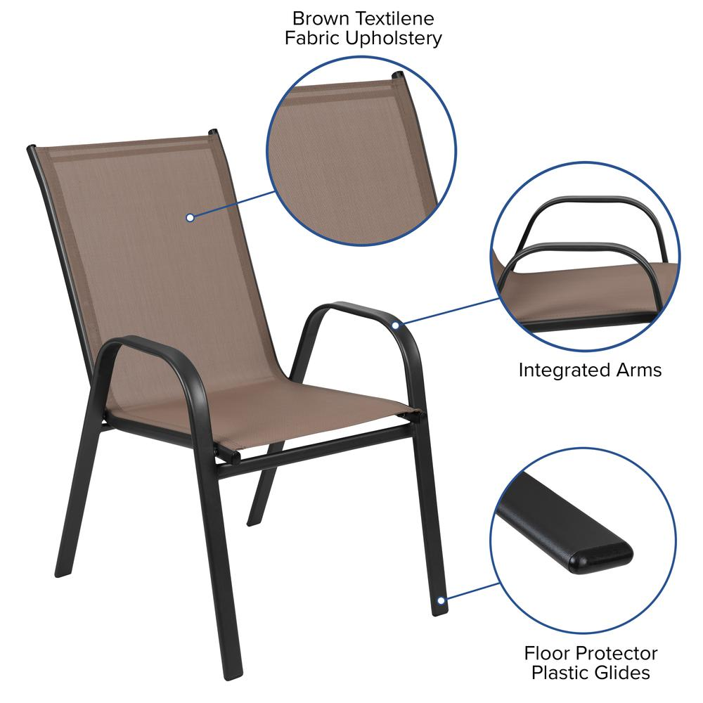 3 Piece Outdoor Patio Dining Set - Square Tempered Glass Patio Table, 2 Brown Stack Chairs