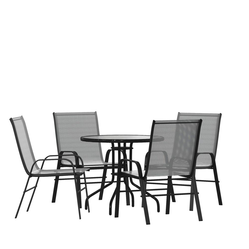 5 Piece Outdoor Patio Dining Set - Round Tempered Glass Table, 4 Gray Stack Chairs