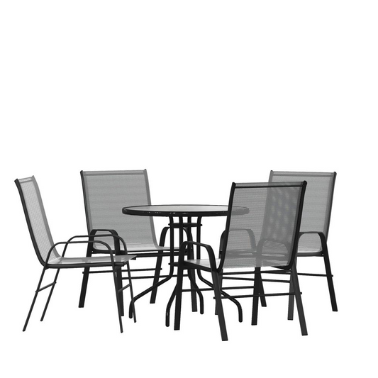 5 Piece Outdoor Patio Dining Set - Round Tempered Glass Table, 4 Gray Stack Chairs