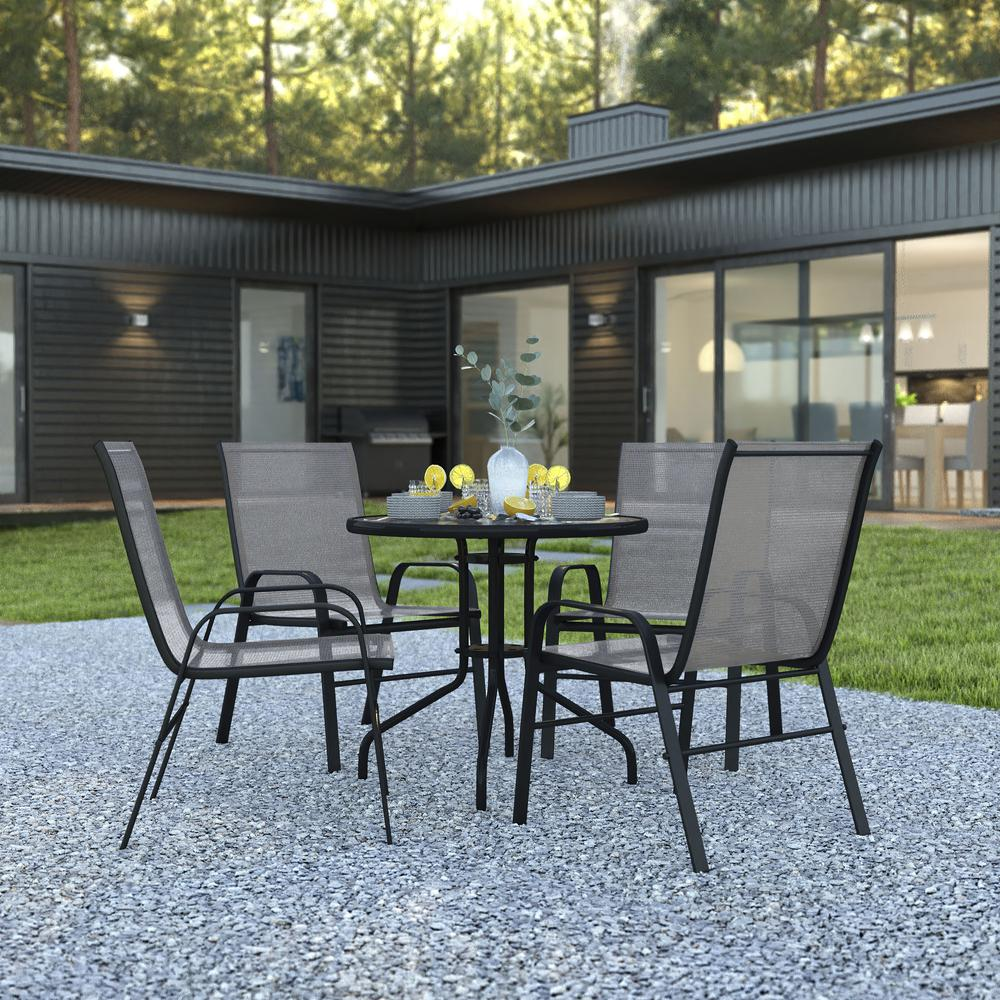 5 Piece Outdoor Patio Dining Set - Round Tempered Glass Table, 4 Gray Stack Chairs