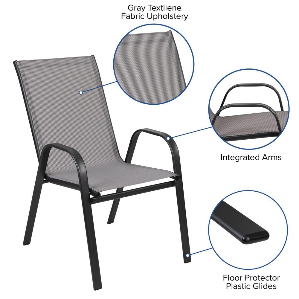 5 Piece Outdoor Patio Dining Set - Round Tempered Glass Table, 4 Gray Stack Chairs