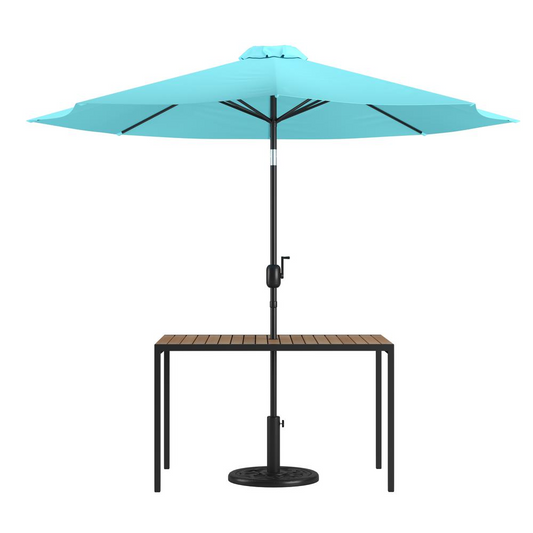 3 Piece Outdoor Patio Table Set - Synthetic Teak Table with Teal Umbrella and Base