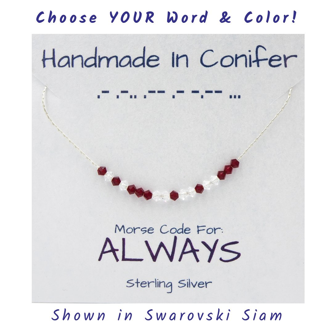 Handmade Spells YOUR Words In Morse Code | Sterling Silver Necklace | Custom Swarovski Crystal Color | Adjustable Length | Eco-Friendly Jewelry