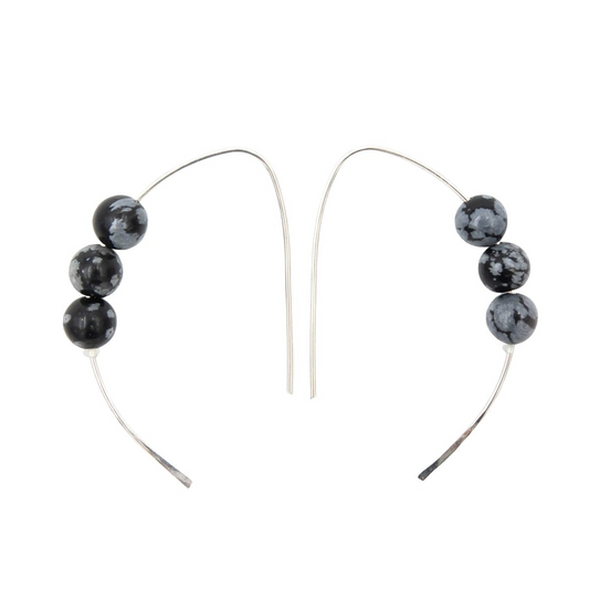 Handmade Snowflake Obsidian Curves Hammered Sterling Silver Earrings